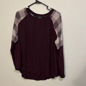 Maurices Burgundy Top with Plaid Sleeves